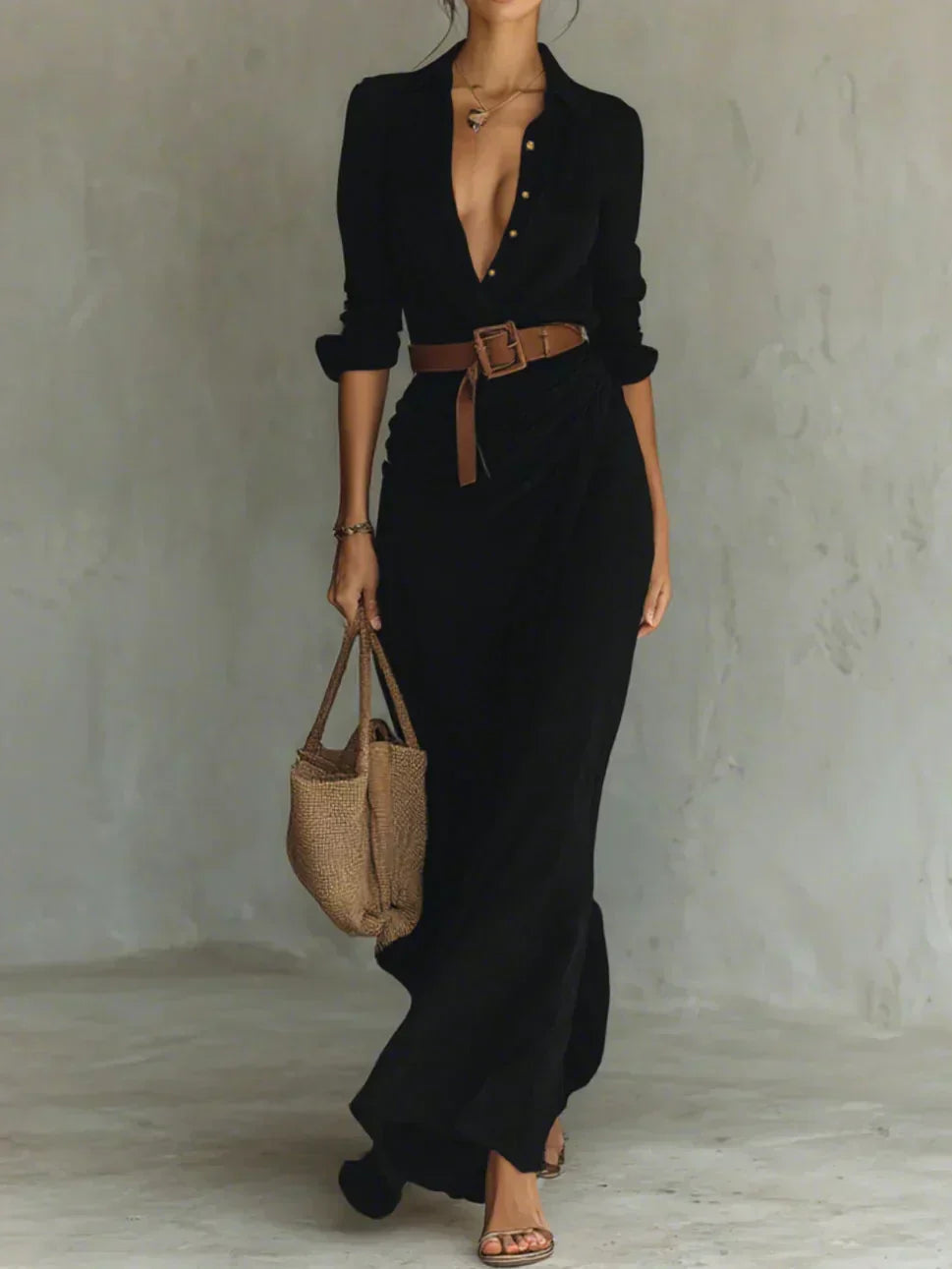 Camille™ | Abito maxi con colletto e cintura in vita
