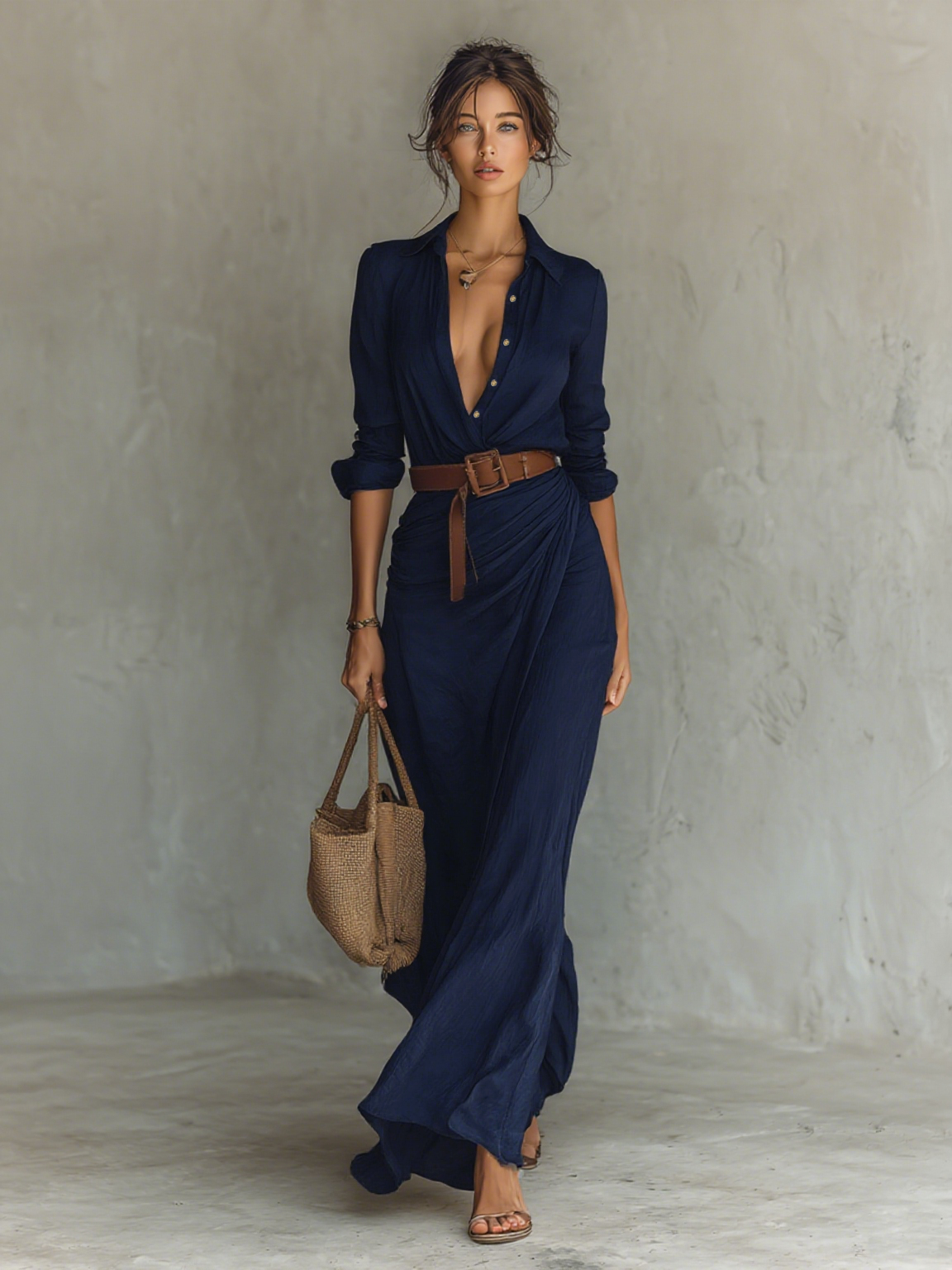 Laura - Vestido esencial - largo con cuello de solapa y mangas largas para mujer