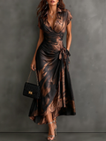 Bianca | Vestido Midi Cruzado con Estampado Abstracto, Cuello Camisa y Dobladillo Volante