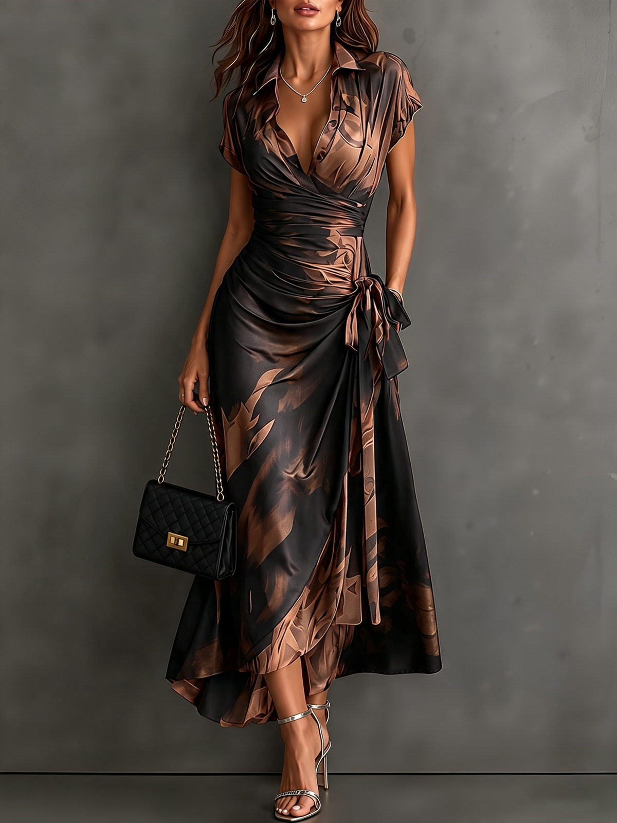 Bianca | Vestido Midi Cruzado con Estampado Abstracto, Cuello Camisa y Dobladillo Volante
