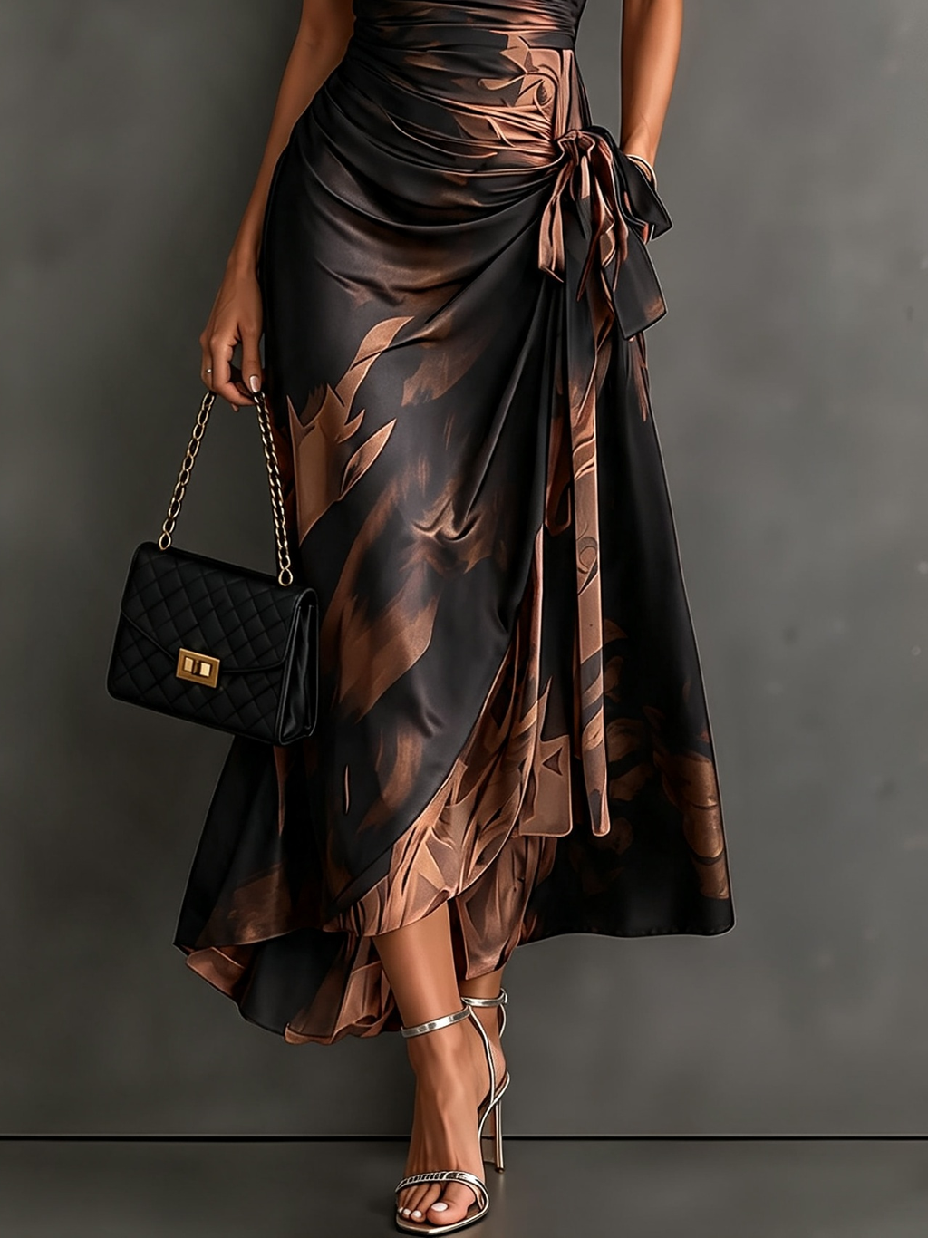 Bianca | Vestido Midi Cruzado con Estampado Abstracto, Cuello Camisa y Dobladillo Volante