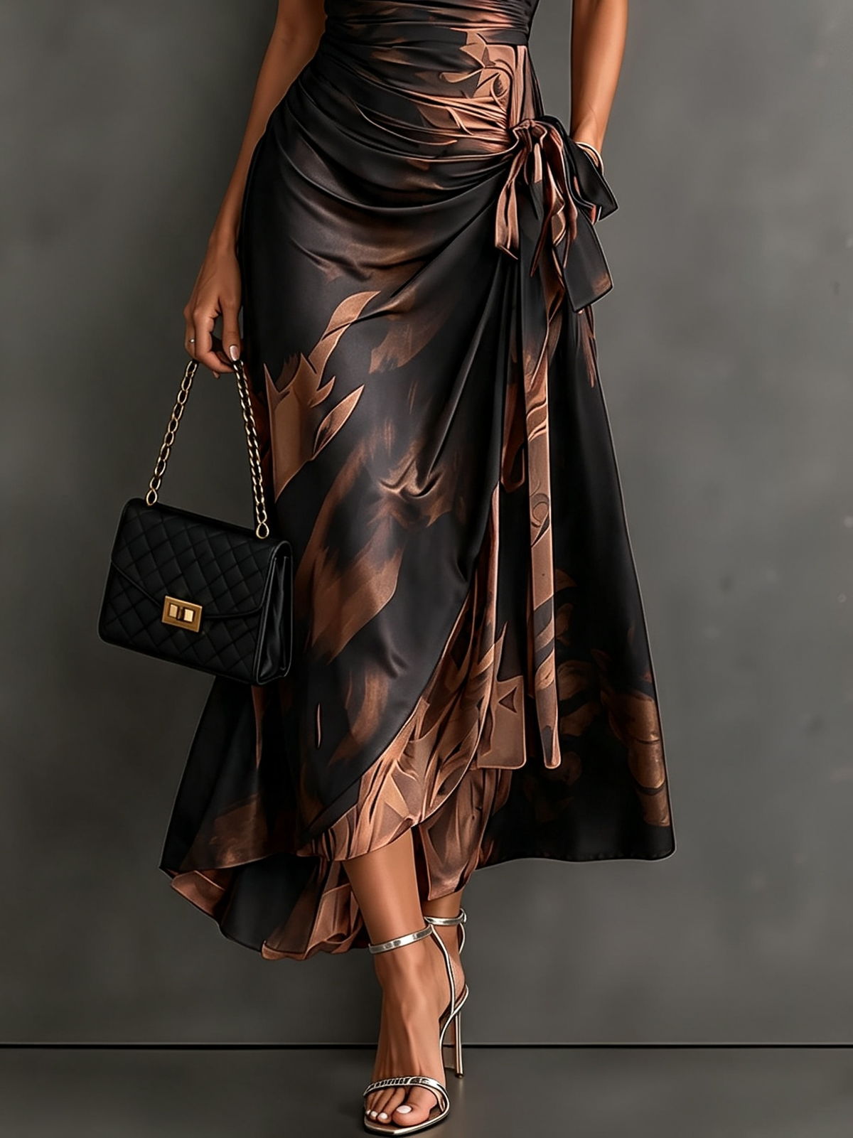 Bianca | Vestido Midi Cruzado con Estampado Abstracto, Cuello Camisa y Dobladillo Volante