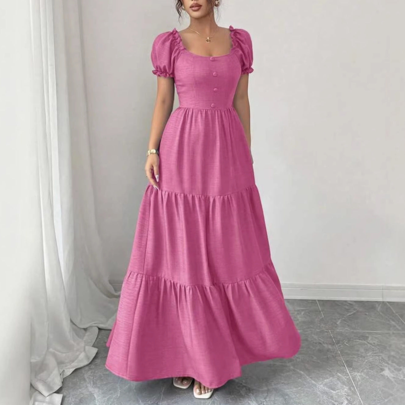 Abito Maxi a Maniche Corte in Stile Resort per Donna