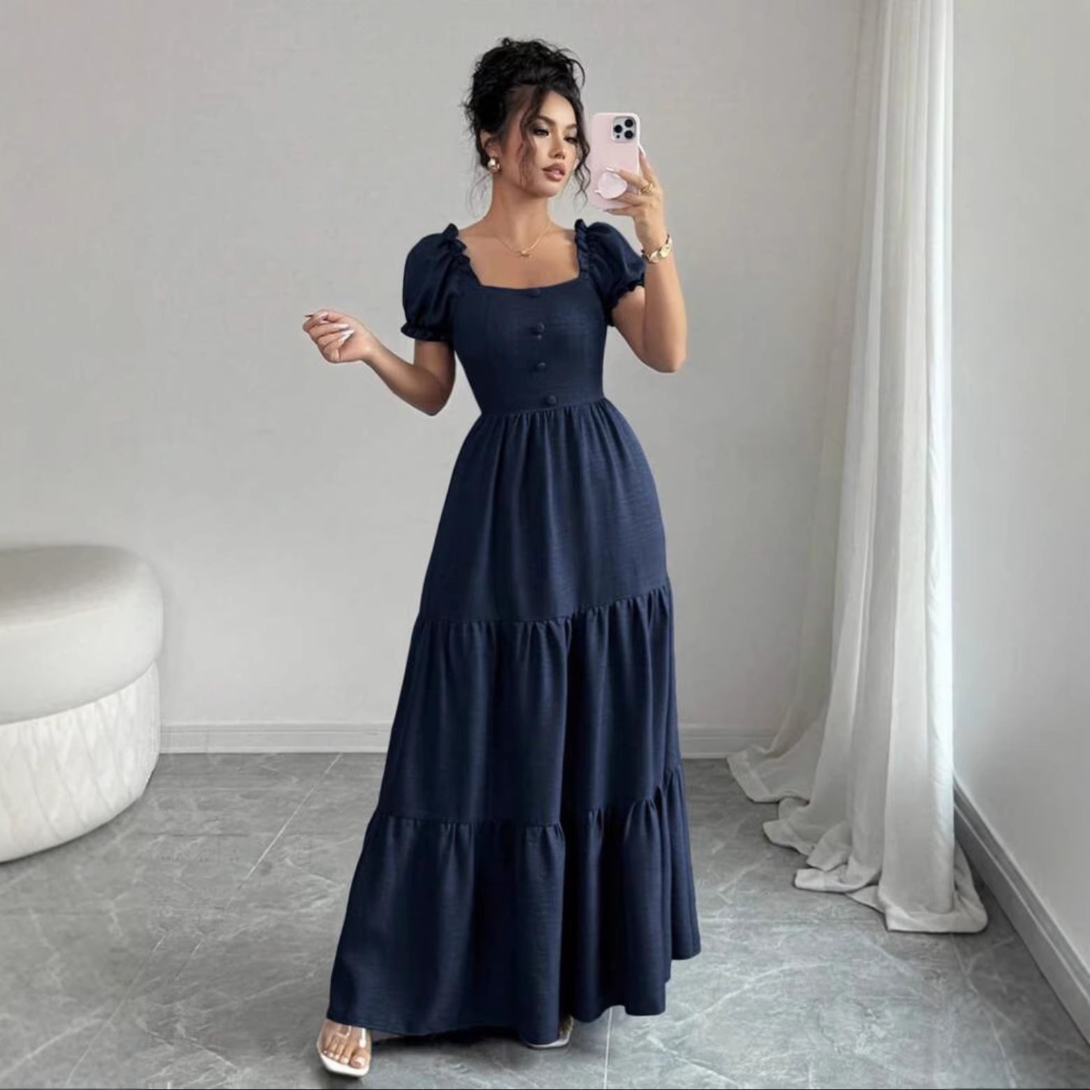 Abito Maxi a Maniche Corte in Stile Resort per Donna