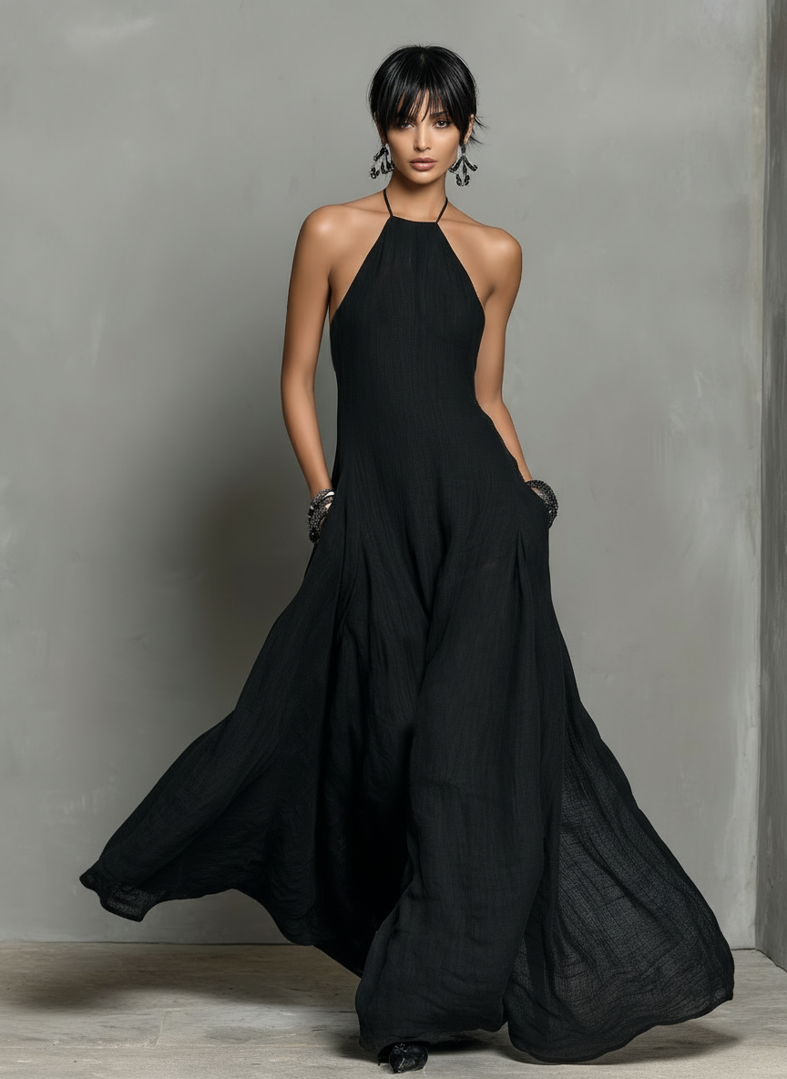 Abito lungo senza maniche da donna in misto lino, con scollo all'americana e stile minimalista