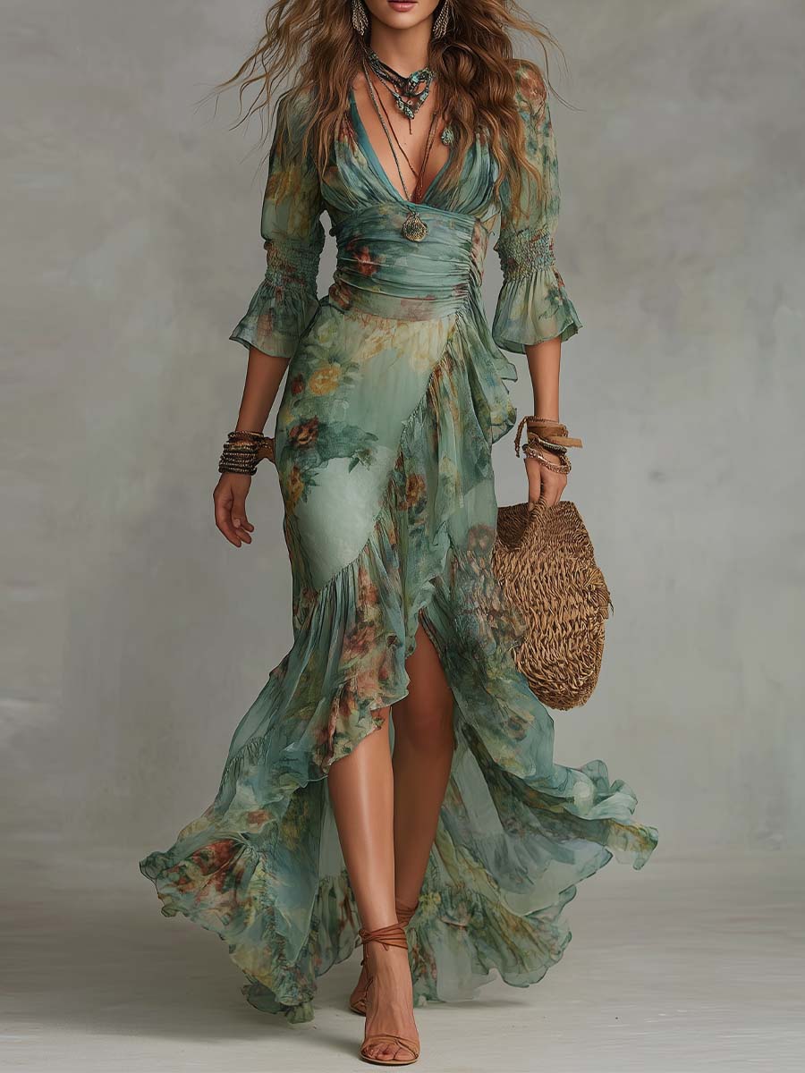 Aurora - abito lungo floreale boho con orlo asimmetrico romantico