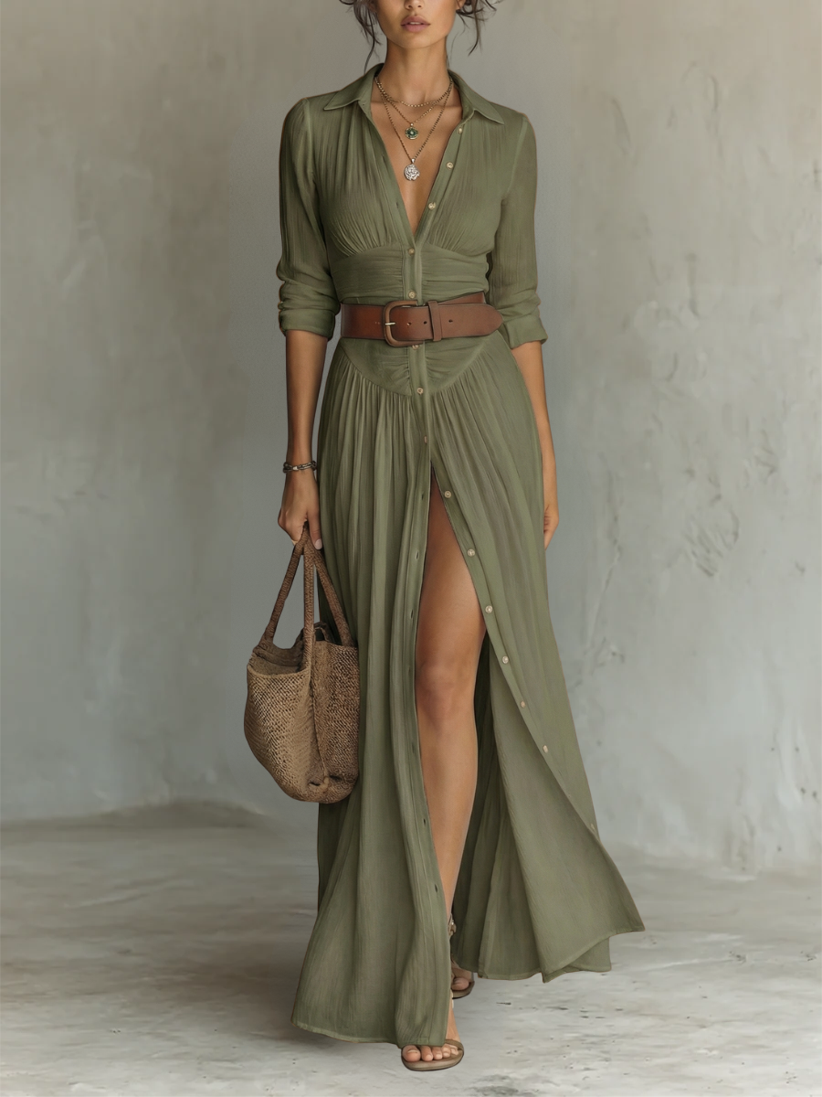 Julia vestido largo esencial - de mujer con cuello de solapa y mangas largas