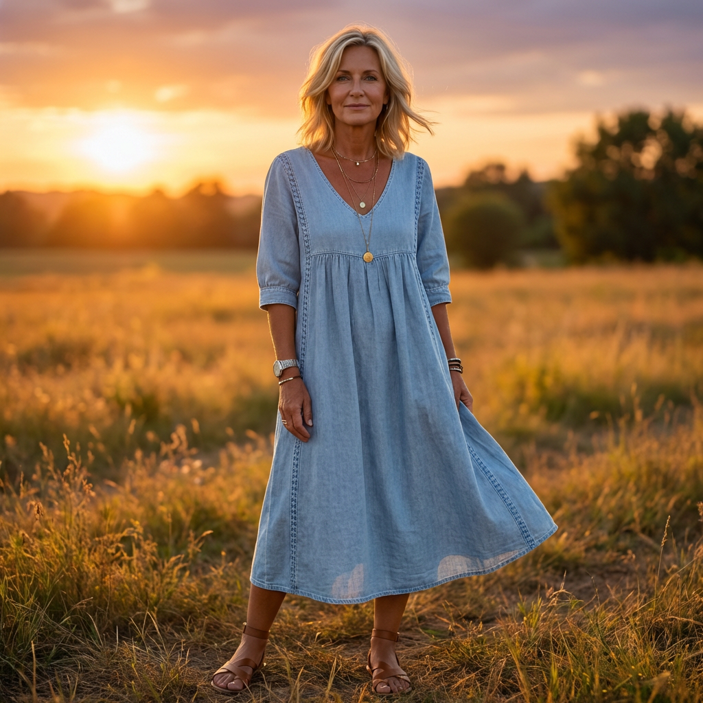 Abito in Denim con Pizzo per Donne – Vestito Casual in Denim Vintage a Vestibilità Larga