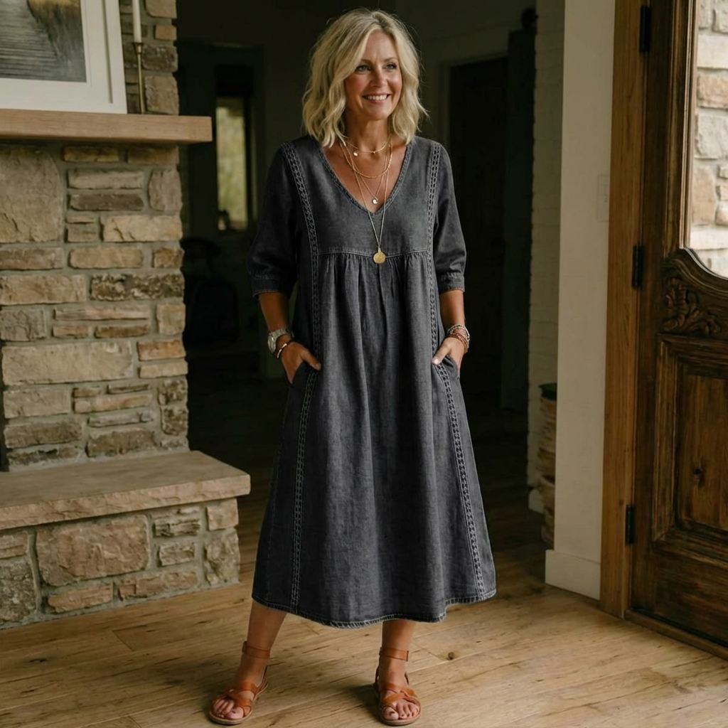 Abito in Denim con Pizzo per Donne – Vestito Casual in Denim Vintage a Vestibilità Larga