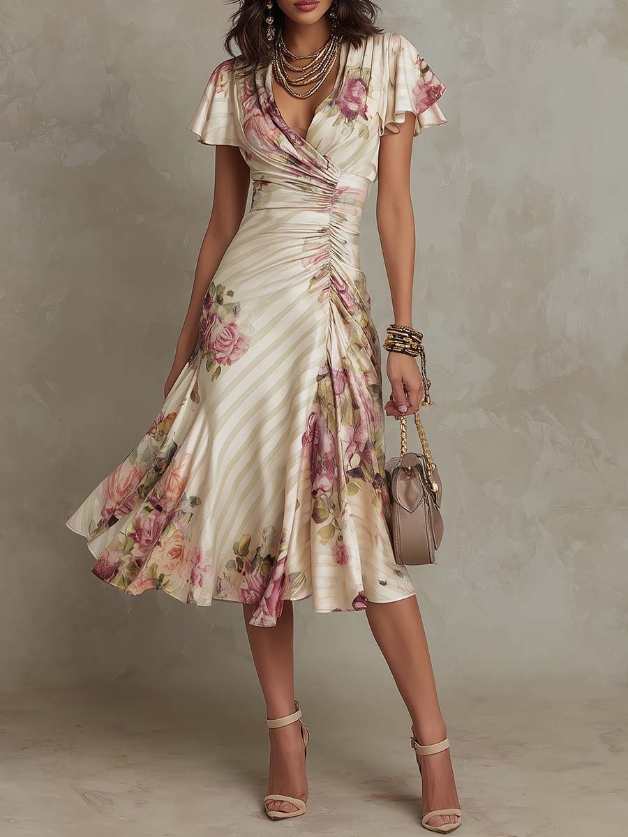 Alba - Abito midi in satin floreale elegante retrò