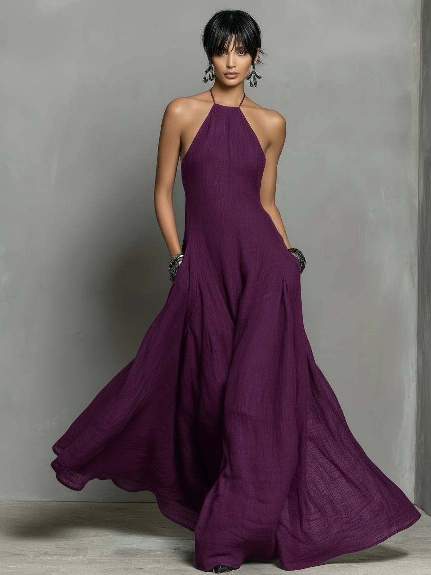 Abito lungo senza maniche da donna in misto lino, con scollo all'americana e stile minimalista