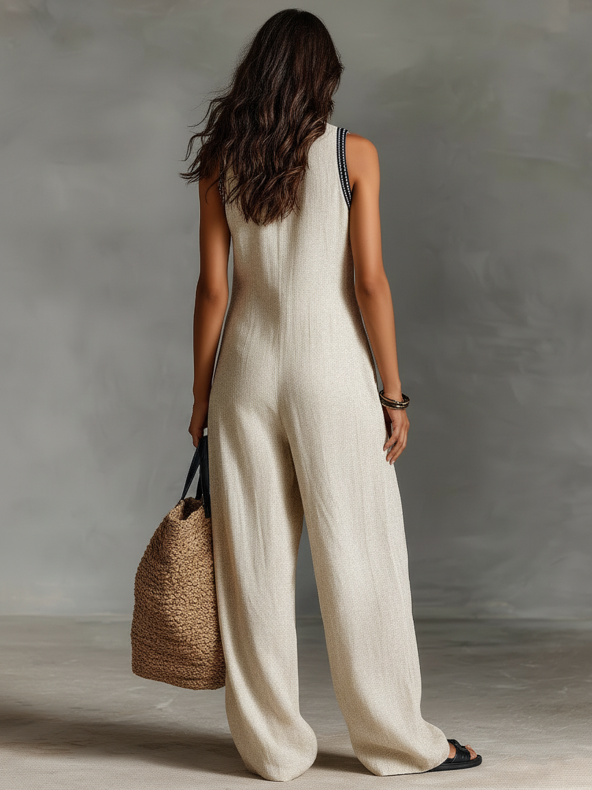 Salopette Senza Maniche Minimalista In Misto Lino Con Zip E Collo Alto, Con Ricamo