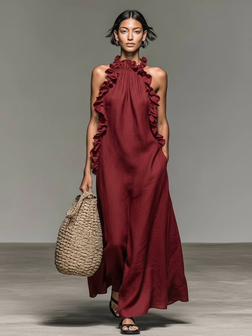 Abito Maxi Senza Maniche in Lino Minimalista da Donna con Rouches