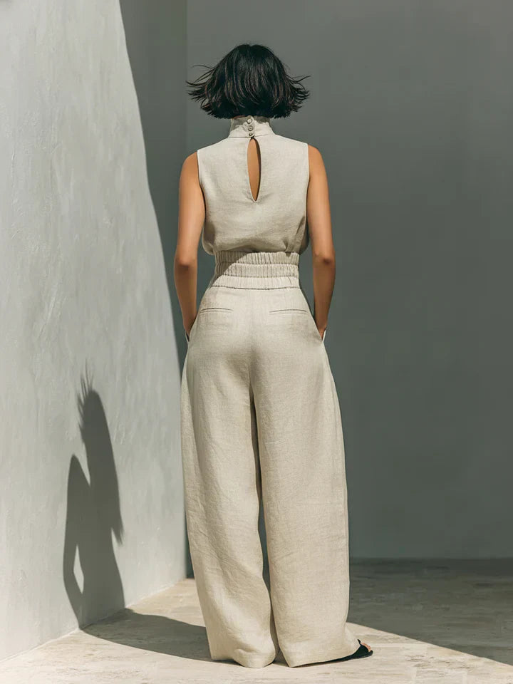 Flor™ | Completo minimalista di top senza maniche e pantaloni a gamba larga in cotone e lino per donna
