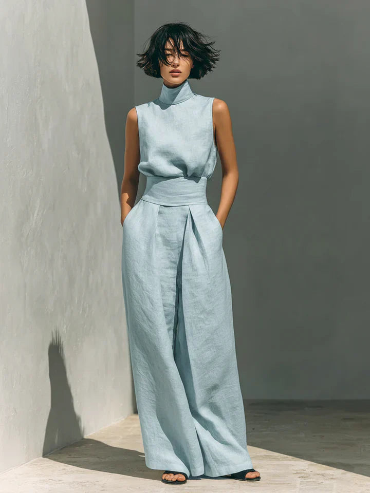 Flor™ | Completo minimalista di top senza maniche e pantaloni a gamba larga in cotone e lino per donna