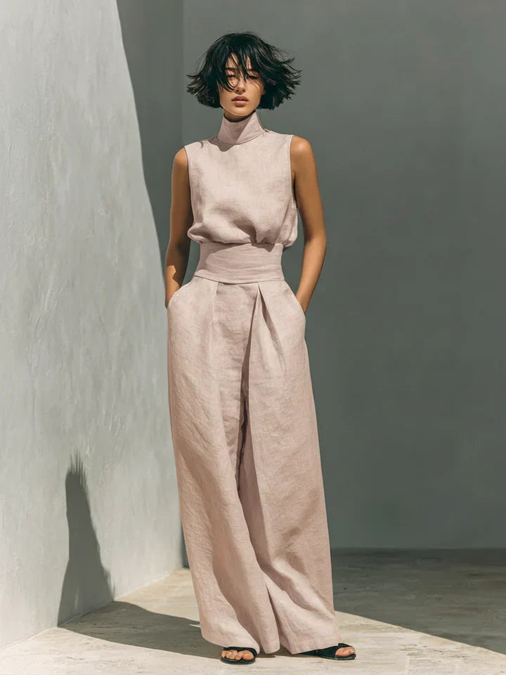 Flor™ | Completo minimalista di top senza maniche e pantaloni a gamba larga in cotone e lino per donna