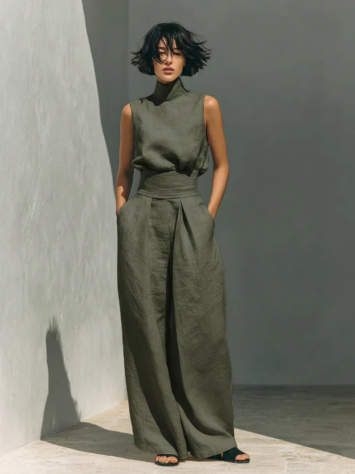 Flor™ | Completo minimalista di top senza maniche e pantaloni a gamba larga in cotone e lino per donna