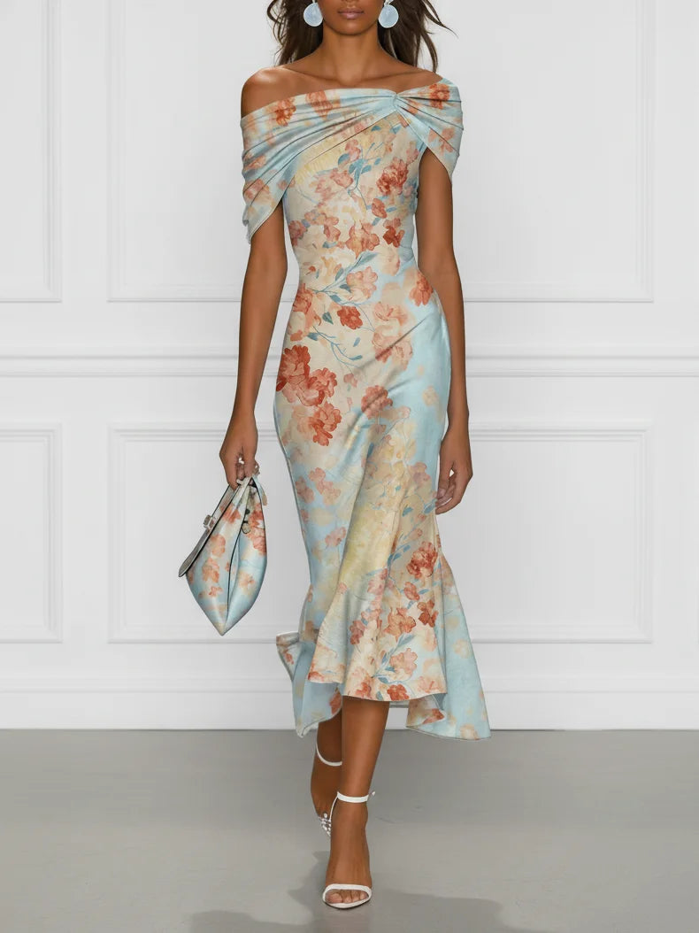 Vittoria - Vestito Midi Sirena Senza Maniche con Spalle Scoperte e Fantasia Floreale Blu