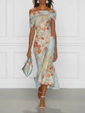 Vittoria - Vestito Midi Sirena Senza Maniche con Spalle Scoperte e Fantasia Floreale Blu