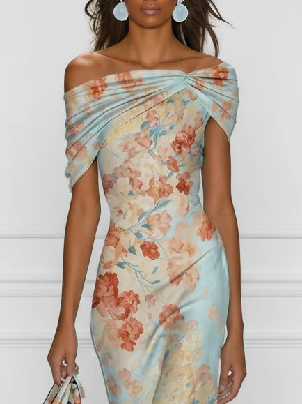 Vittoria - Vestito Midi Sirena Senza Maniche con Spalle Scoperte e Fantasia Floreale Blu