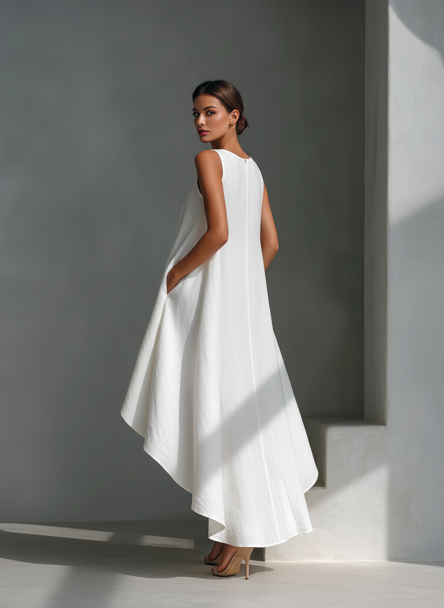 Vestido midi blanco de lino sin mangas para mujer con cuello redondo y bajo asimétrico