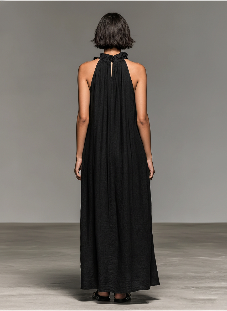 Abito Maxi Senza Maniche in Lino Minimalista da Donna con Rouches