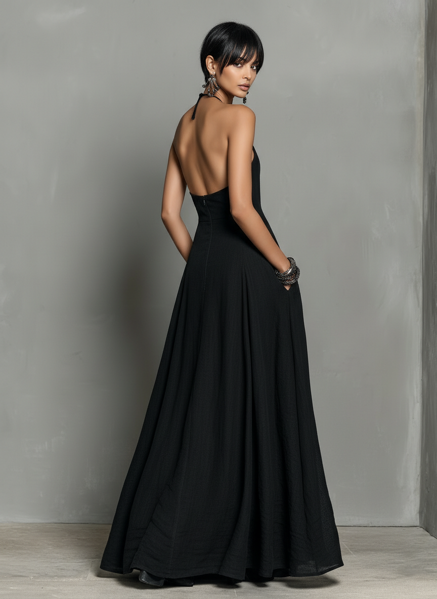 Abito lungo senza maniche da donna in misto lino, con scollo all'americana e stile minimalista