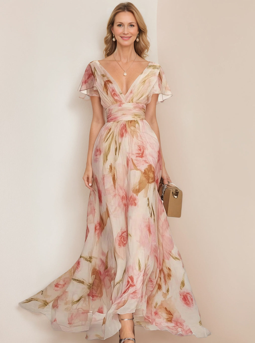 Abito con Scollo a V e Maniche Corte Stampati Floral con Volanti
