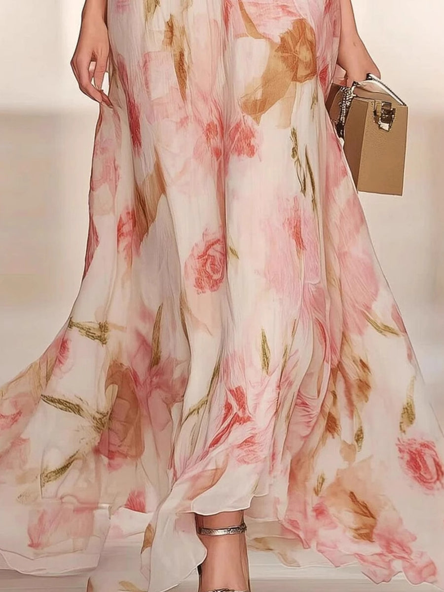 Abito con Scollo a V e Maniche Corte Stampati Floral con Volanti