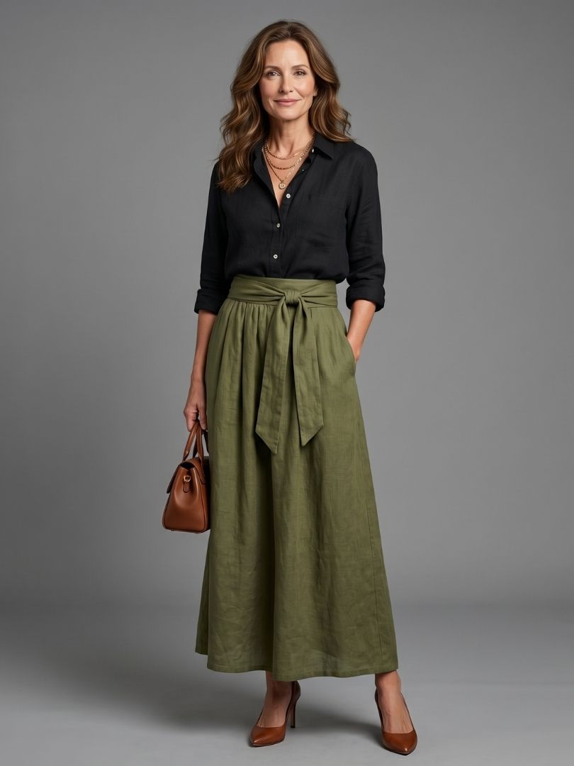 Vera | Completo Due Pezzi Blusa Nera Gonna Midi Verde Oliva