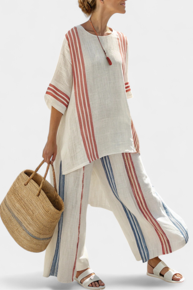 Solvane | Top Striato Multicolore Sofisticato & Pantaloni Mediterranei