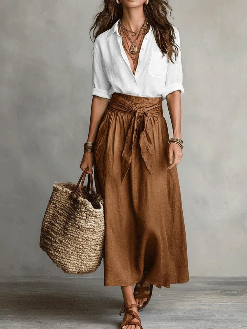 Vera™ | Conjunto de dos piezas: Top negro y falda media verde oliva