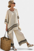 Harlowe | Elegante Top in Lino a Strisce Nere e Pantaloni Fluttuanti