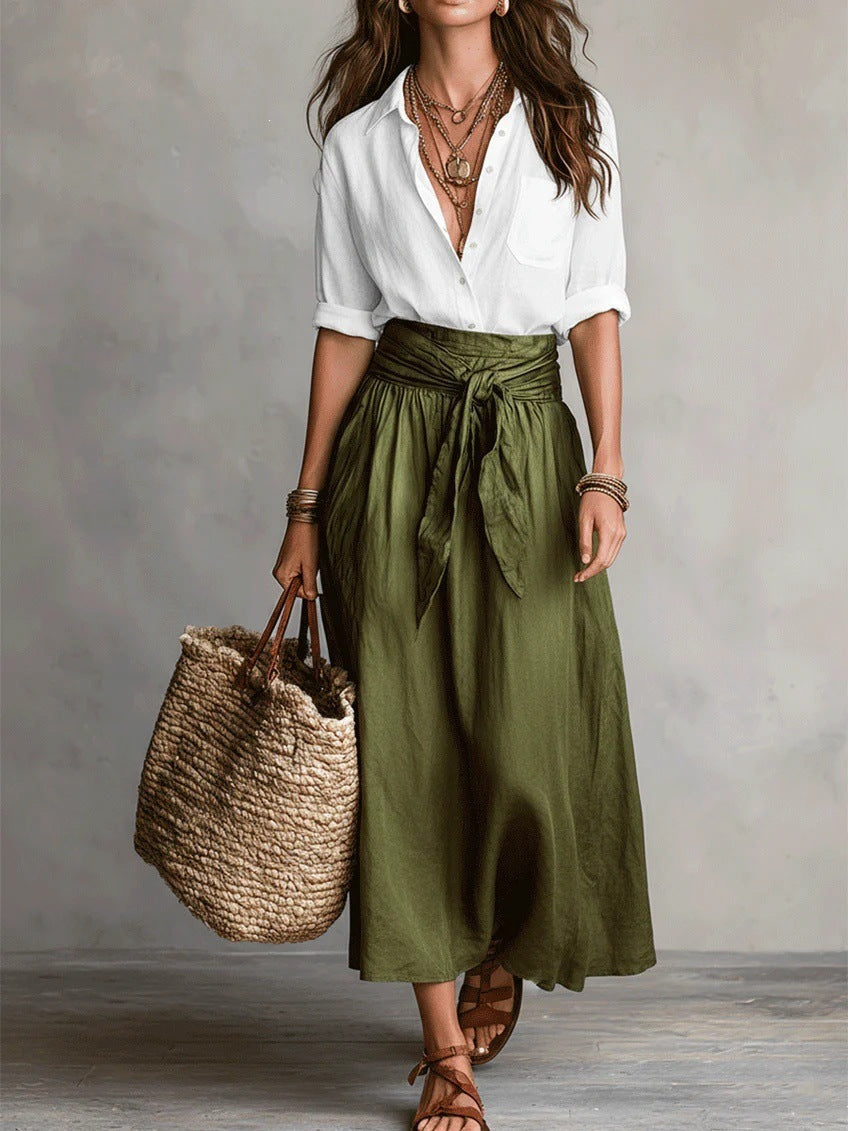 Vera™ | Conjunto de dos piezas: Top negro y falda media verde oliva