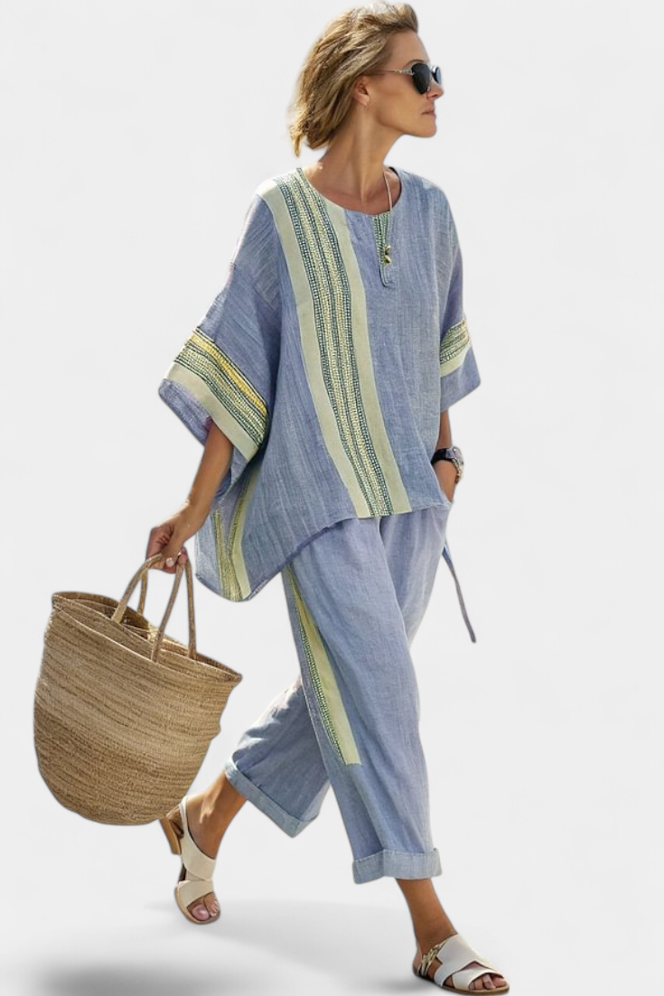 Elowric | Elegante Top Lavanda & Pantaloni a Righe Senape