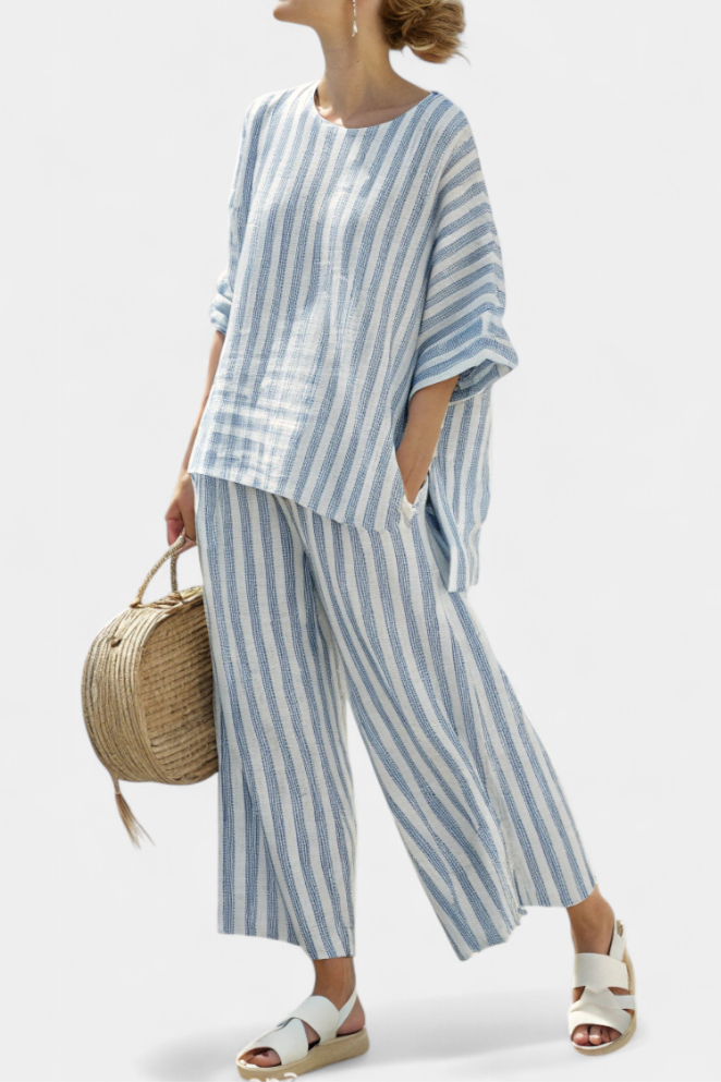 Rensleigh | Top in Lino Blu Striato Sofisticato & Pantaloni Relaxed