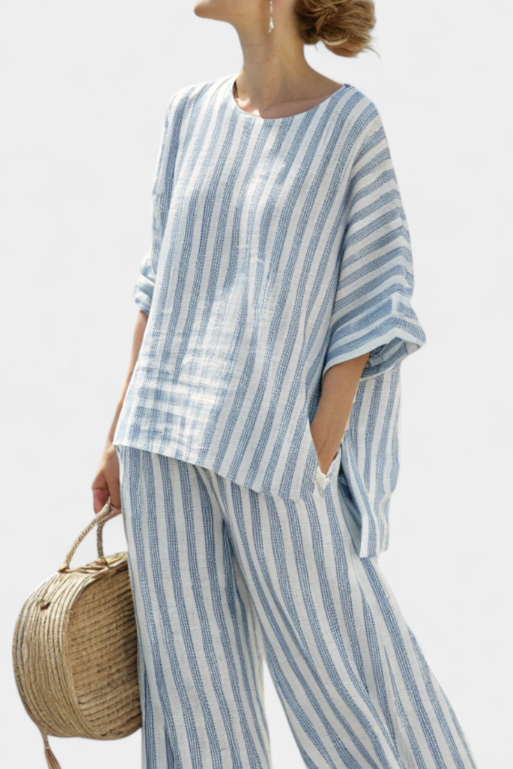 Rensleigh | Top in Lino Blu Striato Sofisticato & Pantaloni Relaxed