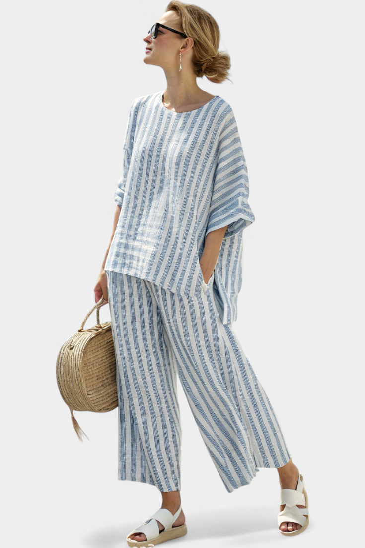 Rensleigh | Top in Lino Blu Striato Sofisticato & Pantaloni Relaxed