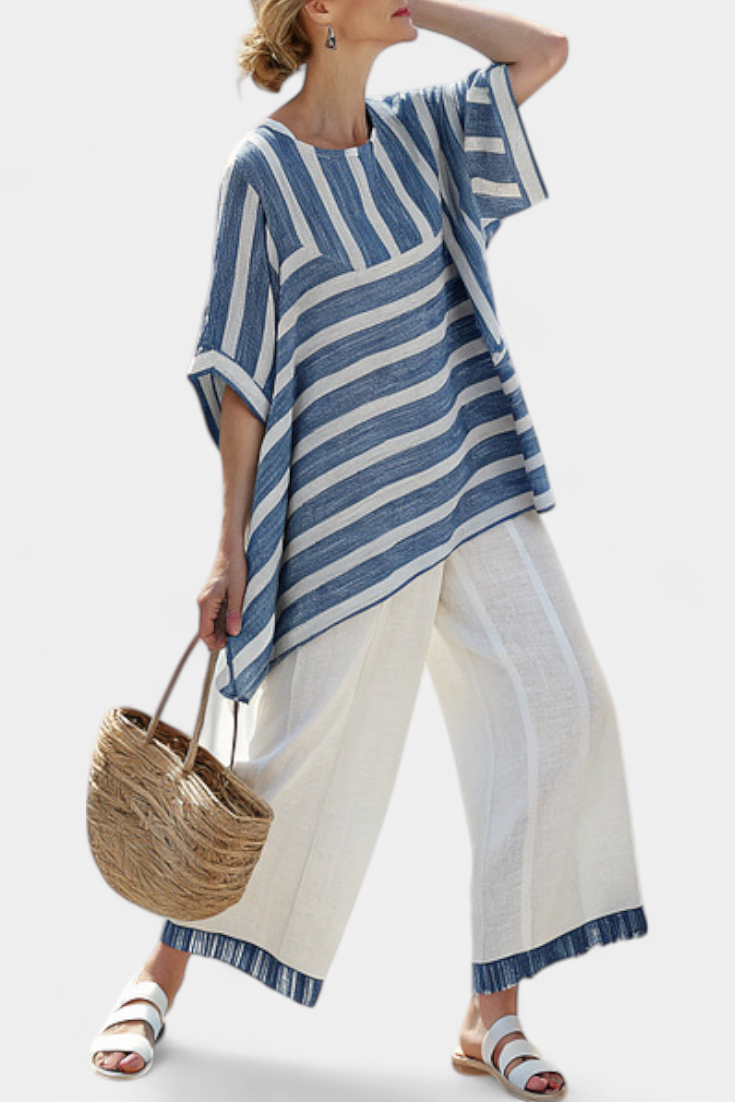 Corvielle | Top Blu a Righe Sofisticato e Pantaloni con Dettagli sul Orlo