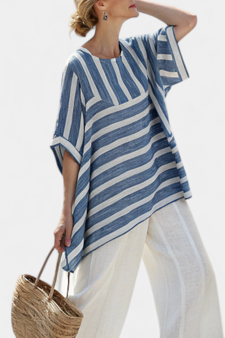 Corvielle | Top Blu a Righe Sofisticato e Pantaloni con Dettagli sul Orlo