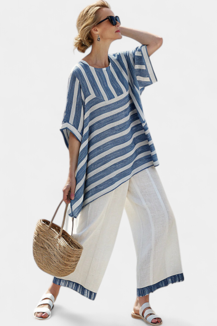 Corvielle | Top Blu a Righe Sofisticato e Pantaloni con Dettagli sul Orlo