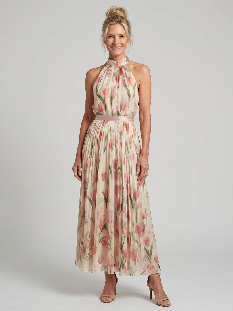 Aurelle | Abito Midi con Motivo Floreale e Collo All'Americana