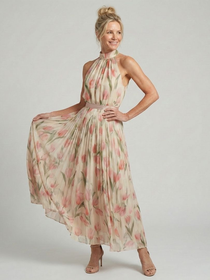 Aurelle | Abito Midi con Motivo Floreale e Collo All'Americana