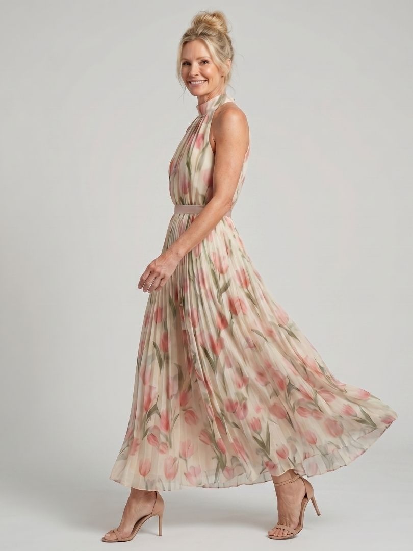 Aurelle | Abito Midi con Motivo Floreale e Collo All'Americana