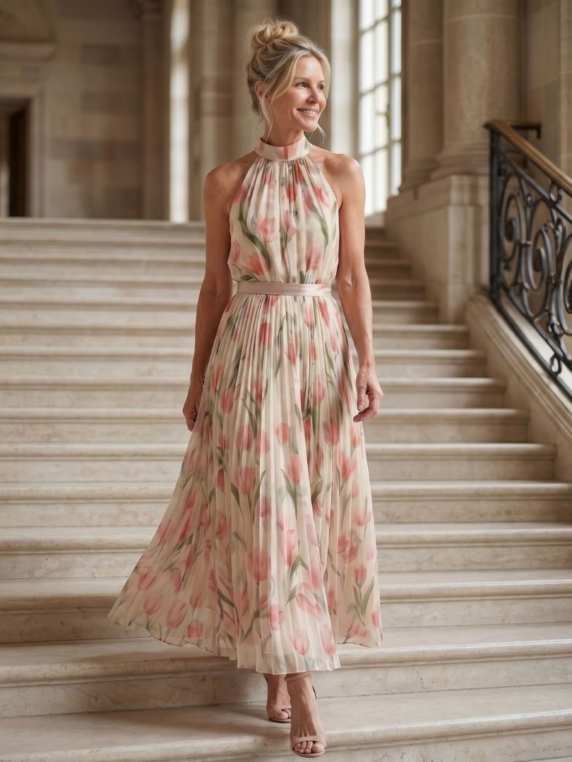 Aurelle | Abito Midi con Motivo Floreale e Collo All'Americana