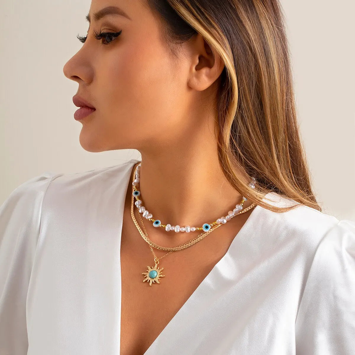 Conjunto de collares superpuestos Parel y Ojo Turco – Colgante de sol estilo bohemio
