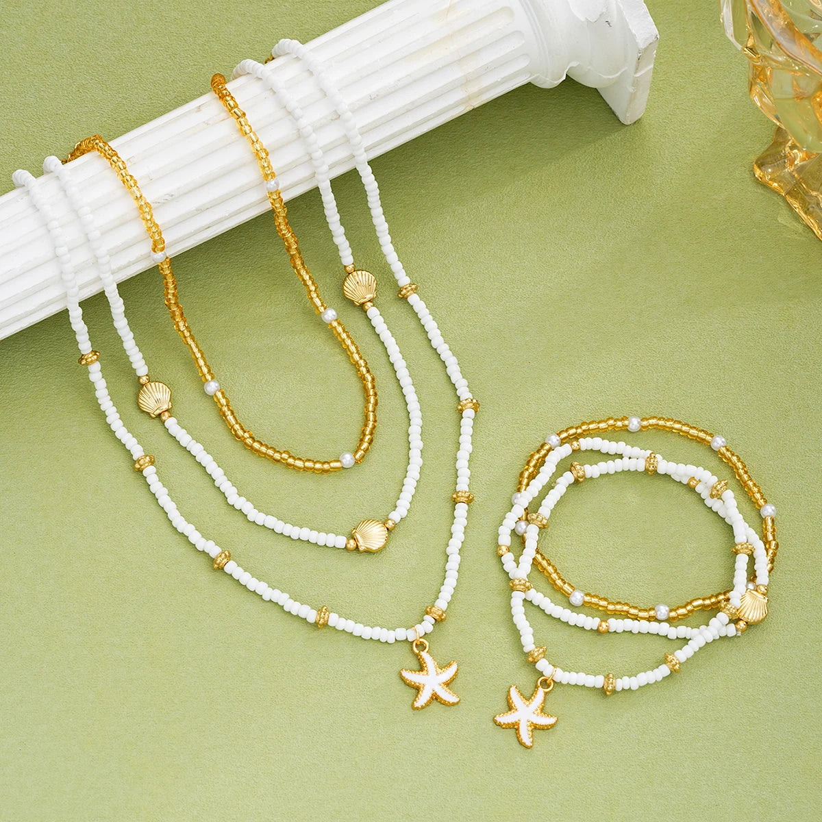 Conjunto de joyas de estrella de mar y cuentas - 6 piezas