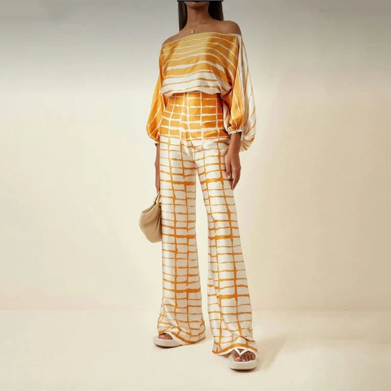 Wave Print Off-Shoulder Two-Piece Set