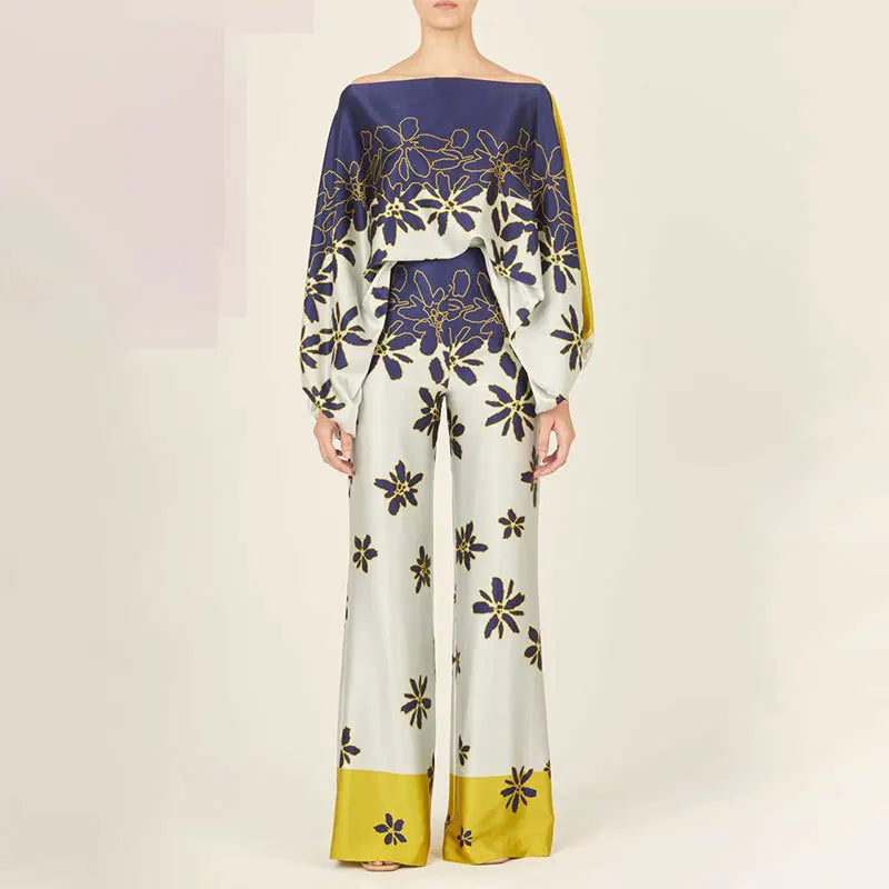 Wave Print Off-Shoulder Two-Piece Set