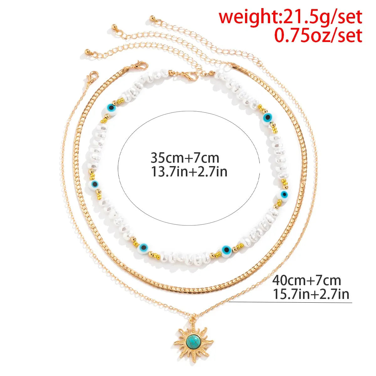 Conjunto de collares superpuestos Parel y Ojo Turco – Colgante de sol estilo bohemio
